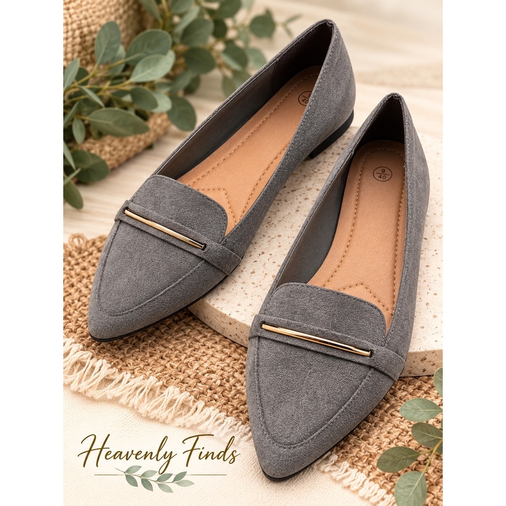 OBTAOM Pointed Toe Loafers Size 9 Grey Faux Suede Gold Bar Flats New
